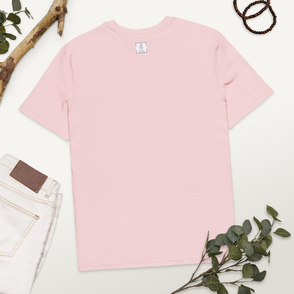 The backside of an organic cotton Valentine's T-shirt laid flat on a table, showing the Anke Wonder Label with a soft texture.