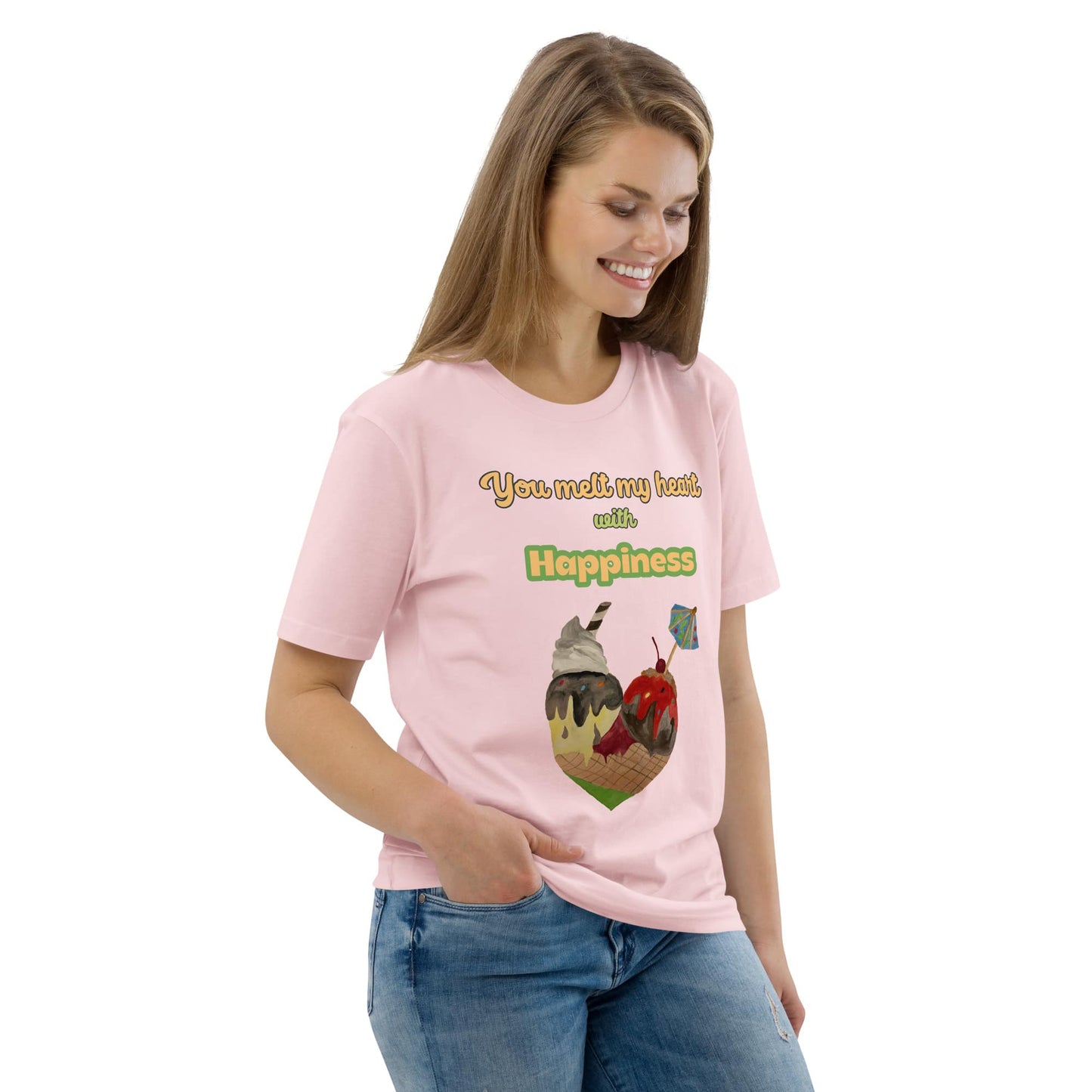 Side-angled view of woman wearing pink organic cotton t-shirt with illustrated ice cream cone heart and uplifting quote, showcasing fit and print placement.