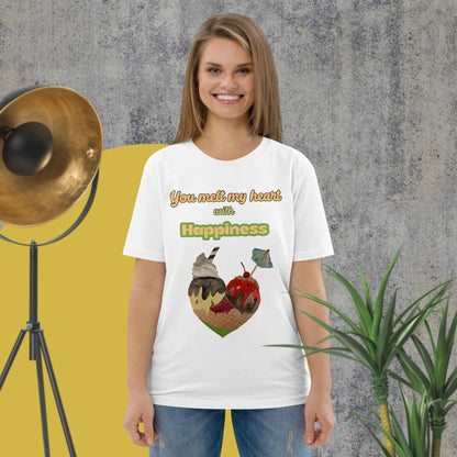 Woman wearing white organic cotton t-shirt with colorful ice cream heart design and the phrase “You melt my heart with Happiness” by Anke Wonder.