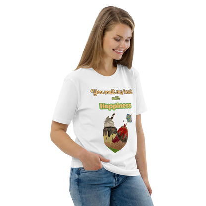 Side-angled view of woman wearing white organic cotton t-shirt with illustrated ice cream cone heart and uplifting quote, showcasing fit and print placement.