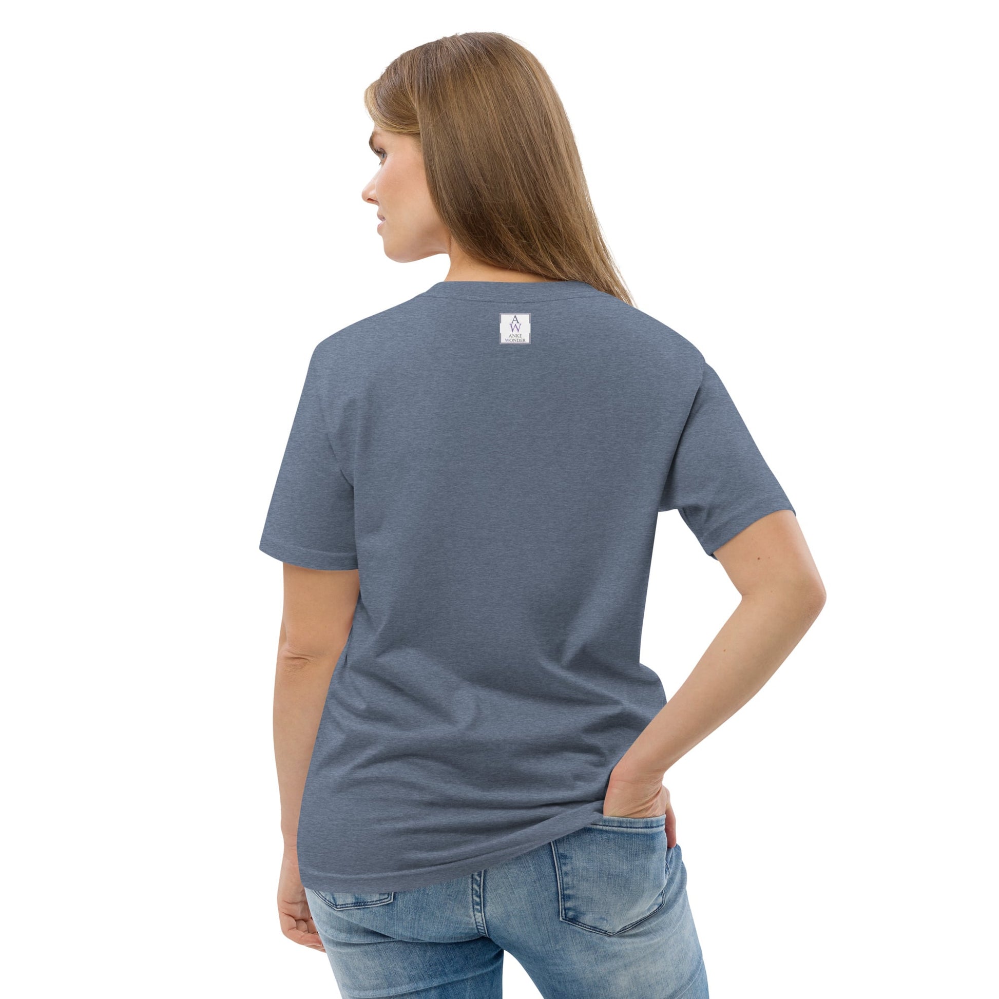 Back view of the Women's Salad Queen organic cotton t-shirt in heather blue, showcasing a clean, solid-color design with a comfortable fit and the Anke Wonder branding.