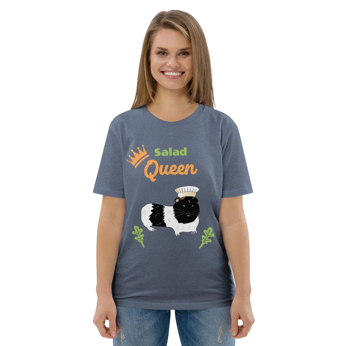 Women's Salad Queen t-shirt in heather green, displaying the guinea pig chef design with the words 'Salad Queen'.