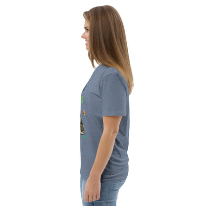 Woman in side view wearing "Ruhe & Erholung" rabbit design t-shirt in dark heather blue, showing the relaxed fit and short sleeves.