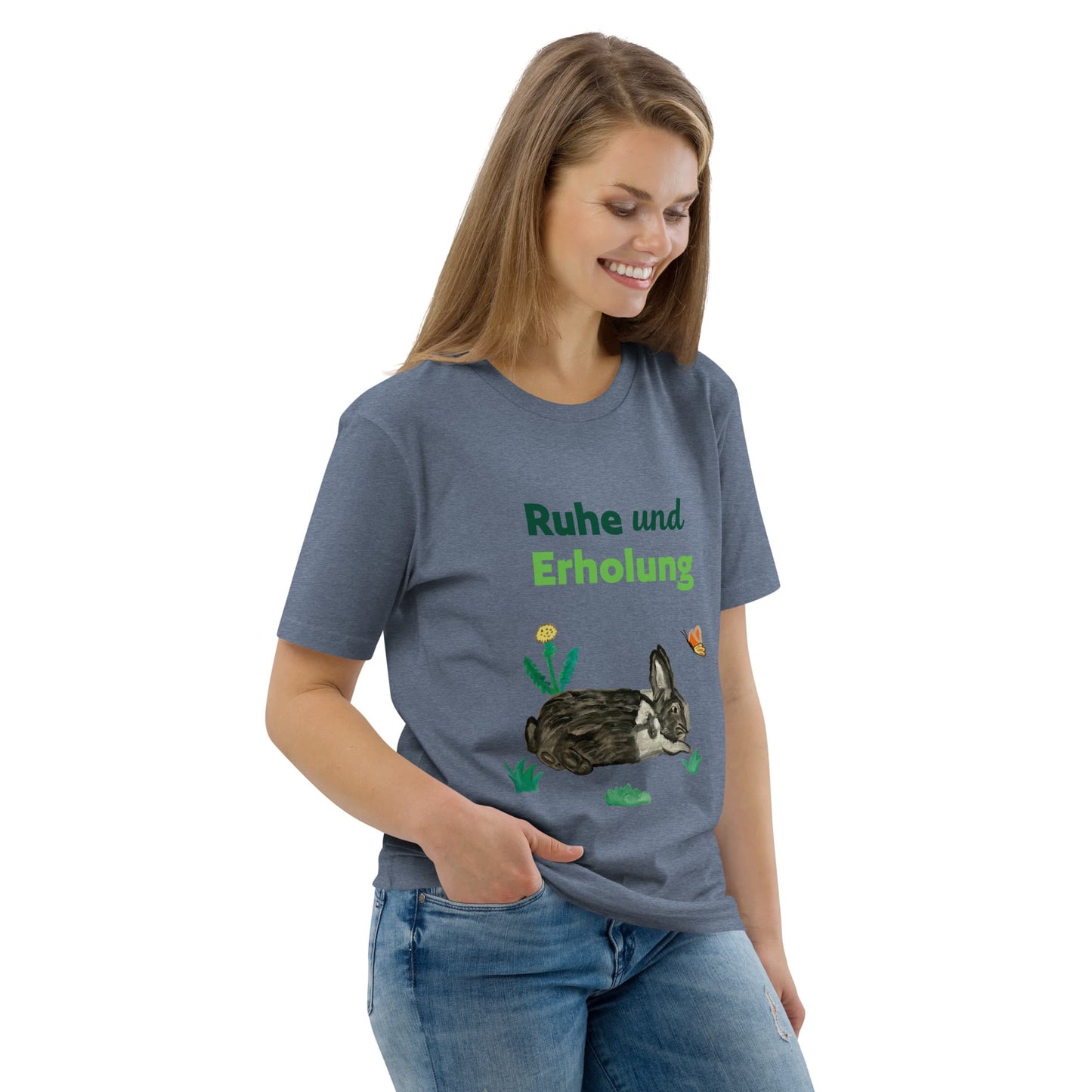 Woman wearing dark heather blue organic cotton t-shirt with "Ruhe & Erholung" rabbit design, front view, right angle.