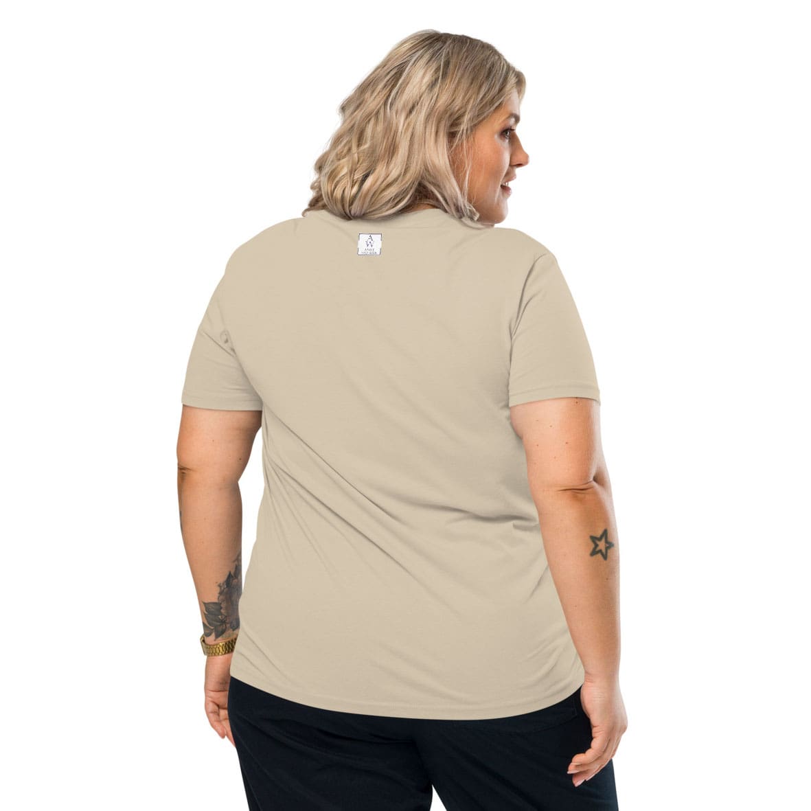 Back view of woman wearing a beige t-shirt on a white background.