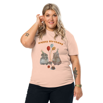 Woman wearing a pink t-shirt with 'Happy Birthday' and with guinea pig design on a white background