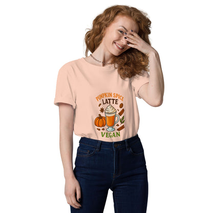 Woman wearing a peach t-shirt with 'Pumpkin Spice Latte Vegan' design on a white background
