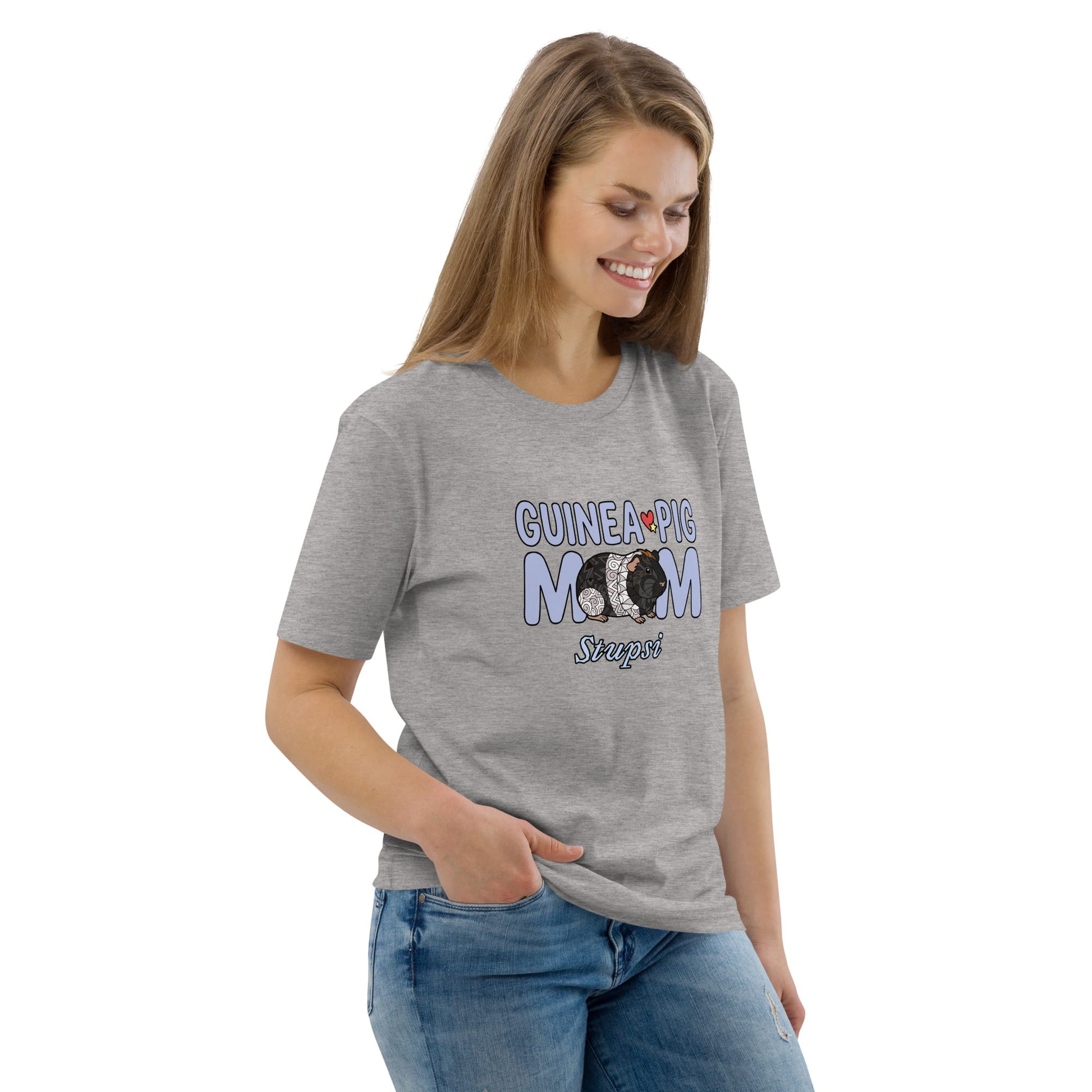 Woman wearing a gray t-shirt with 'Guinea Pig Mom' text and a black and white guinea pig graphic on a white background