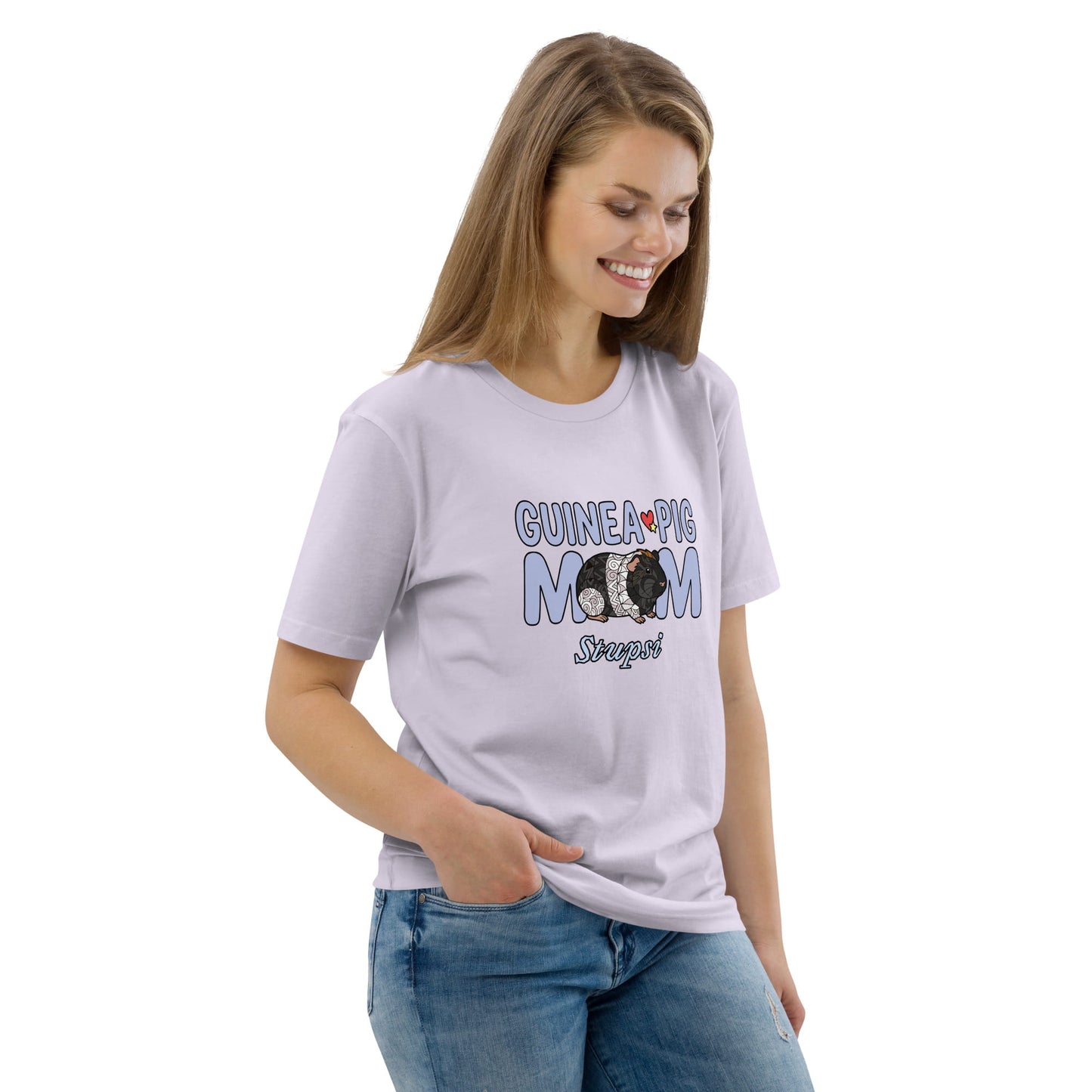 Woman wearing a lavender t-shirt with 'Guinea Pig Mom' text and a black and white guinea pig graphic on a white background
