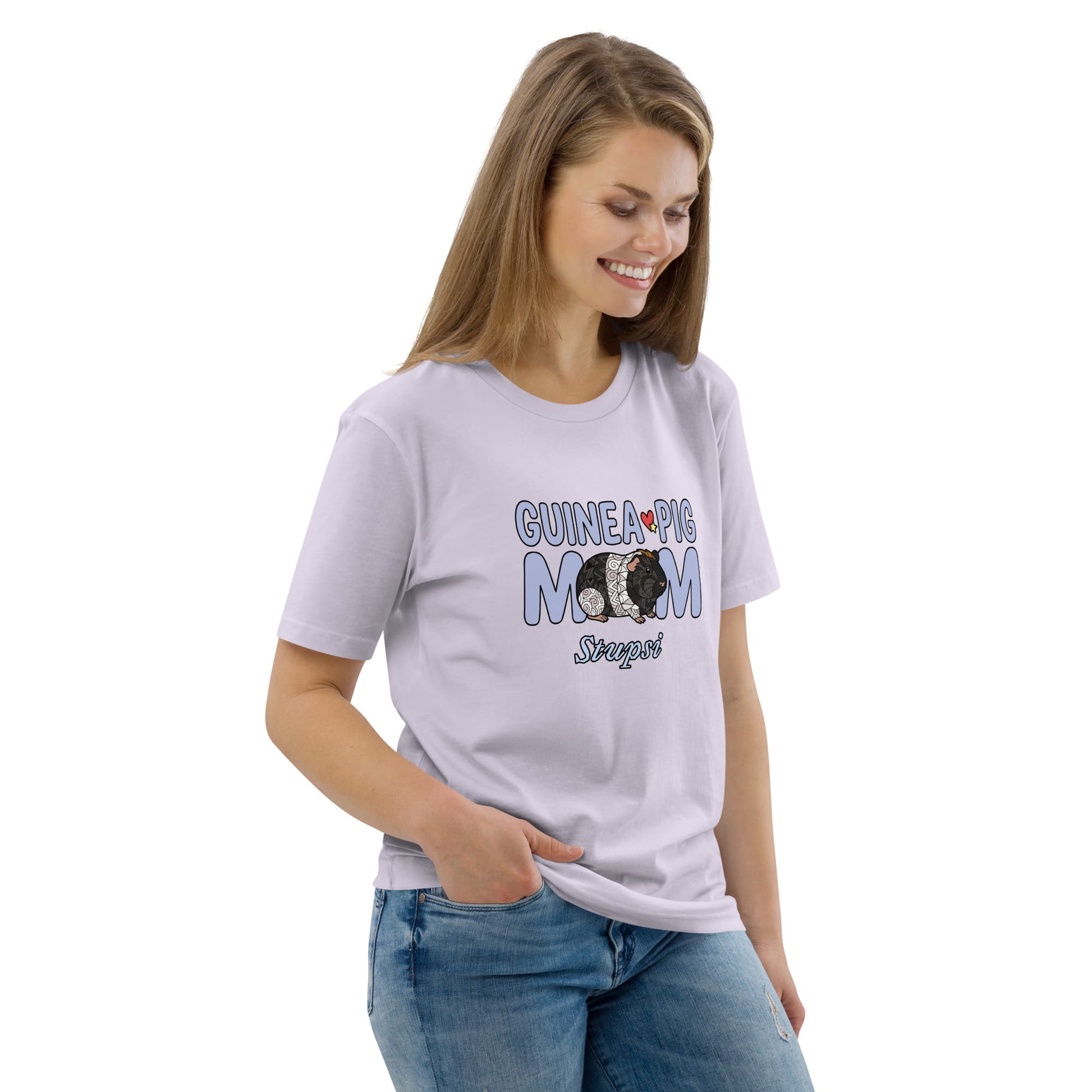 Woman wearing a lavender t-shirt with 'Guinea Pig Mom' text and a black and white guinea pig graphic on a white background