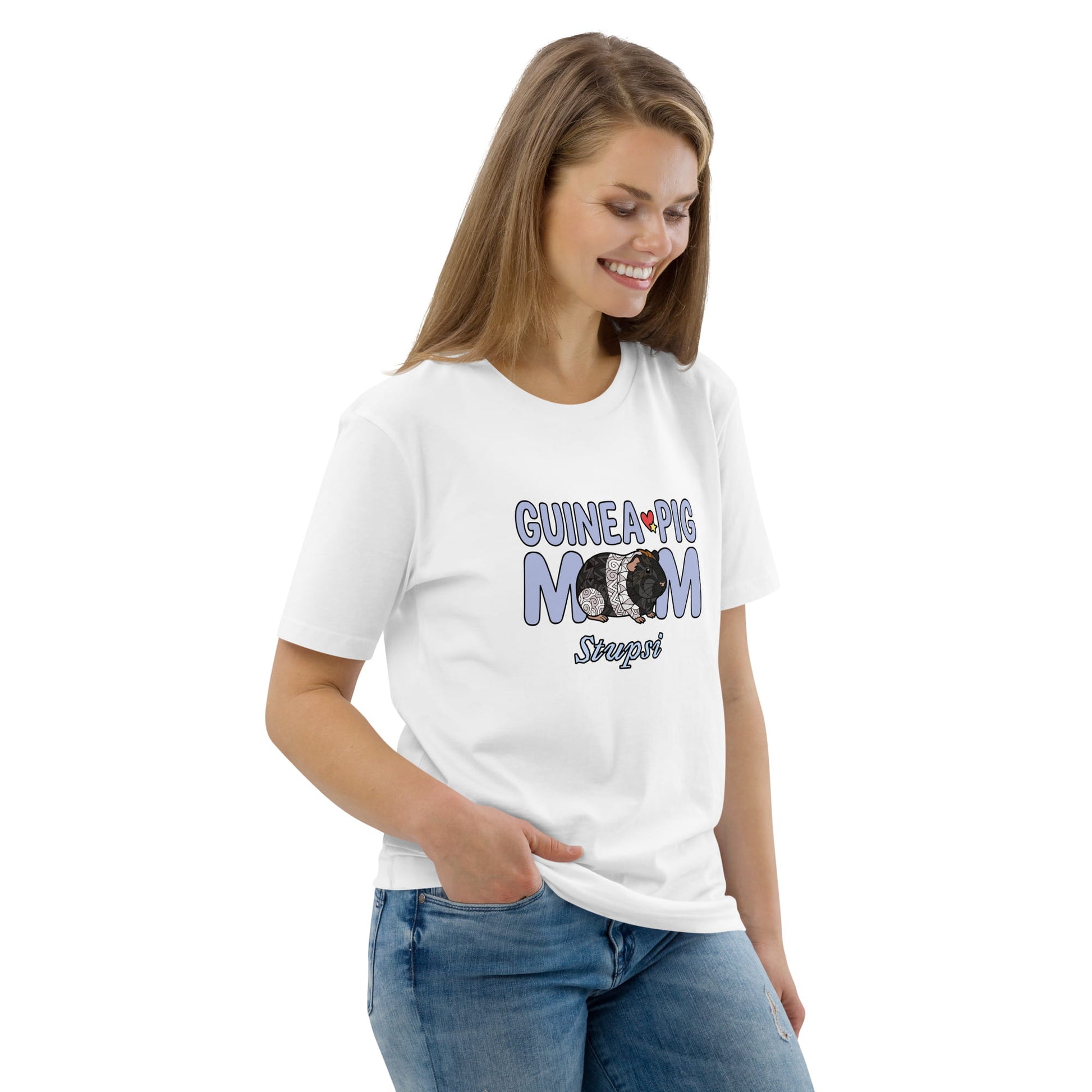 Woman wearing a white t-shirt with 'Guinea Pig Mom' text and graphics on a white background