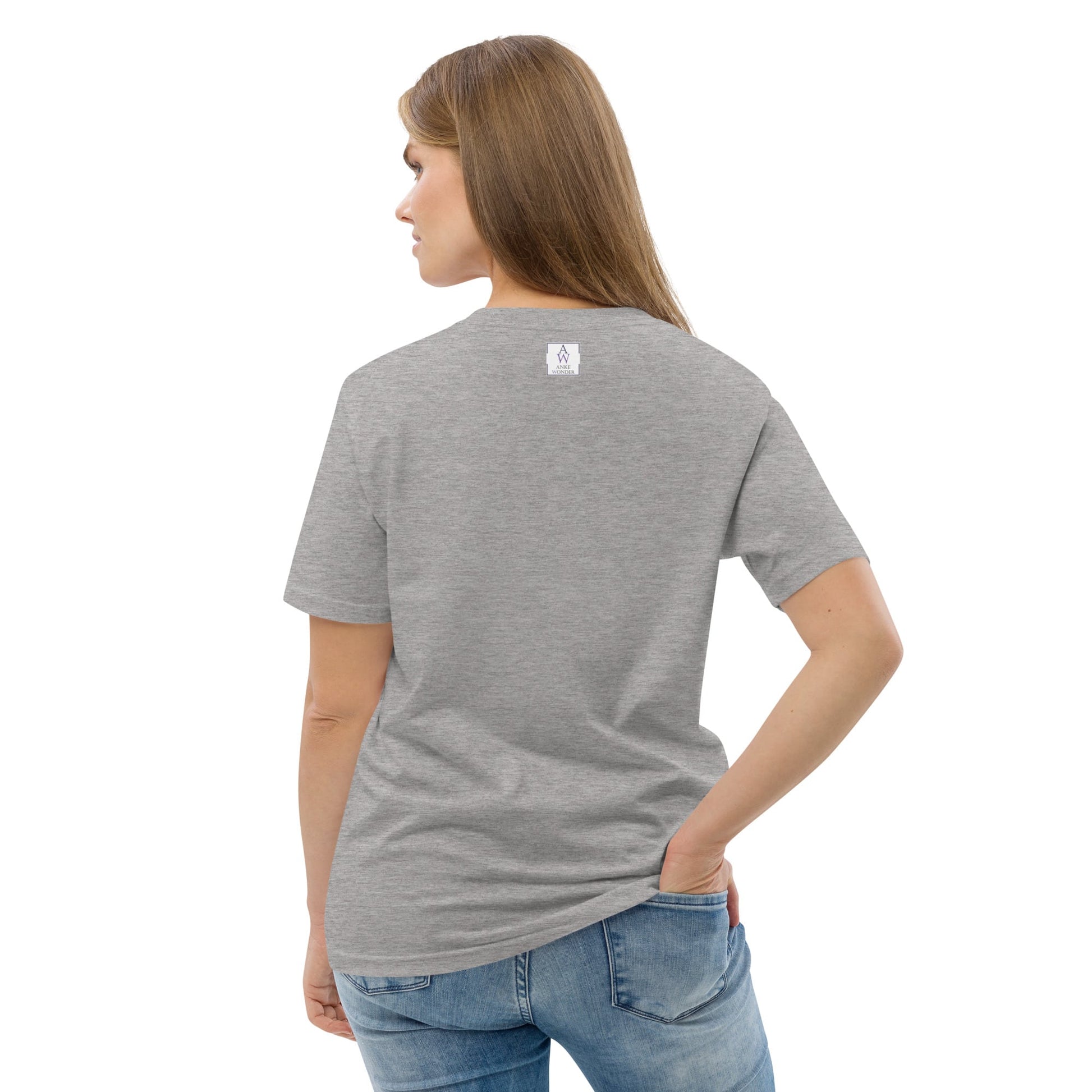 Back of women's organic cotton t-shirt in heather grey — simple, clean design with sustainable stitching and breathable fabric by Anke Wonder.