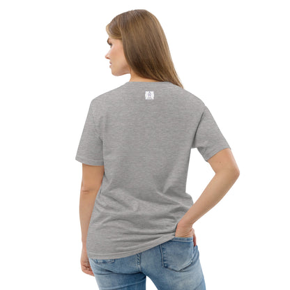 Back of women's organic cotton t-shirt in heather grey — simple, clean design with sustainable stitching and breathable fabric by Anke Wonder.