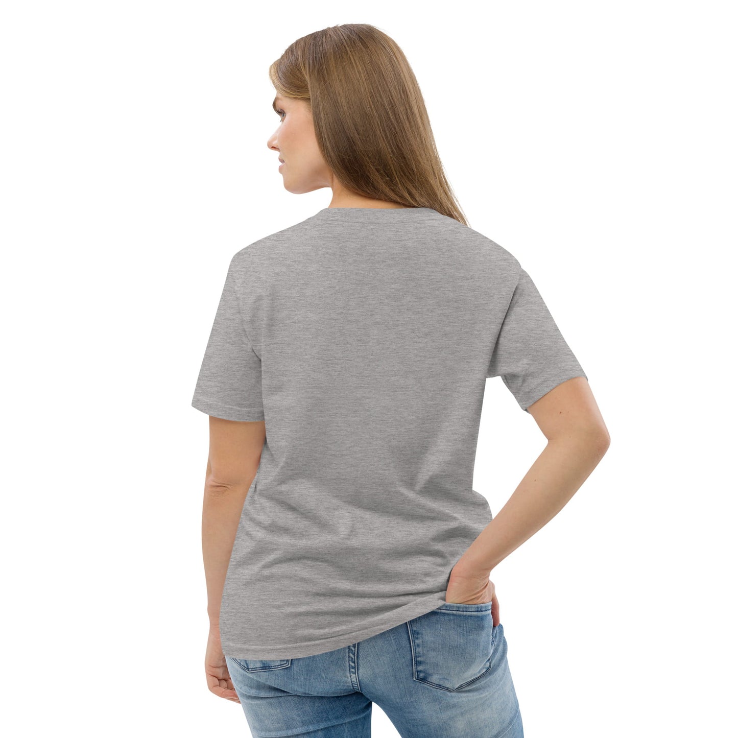 Back view of a woman wearing a gray t-shirt, standing against a white background