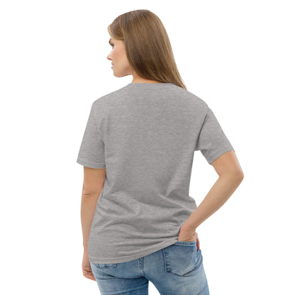 Back view of a woman wearing a gray t-shirt, standing against a white background