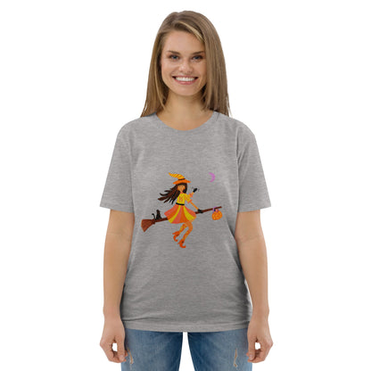 Woman wearing a gray t-shirt with a colorful Halloween Witch design on a white background