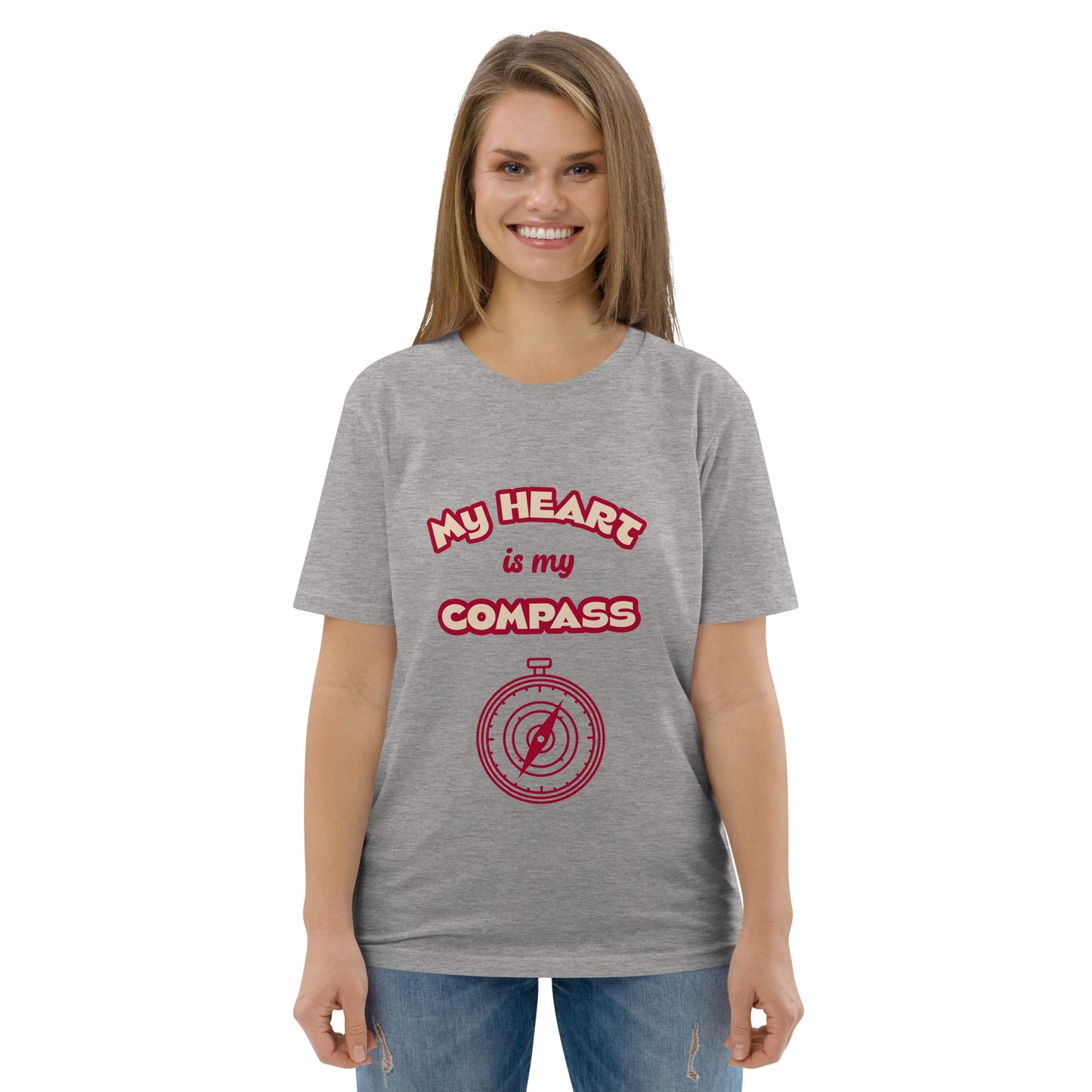 Heather grey women’s organic cotton t-shirt with red ‘My Heart is My Compass’ print — minimalist and meaningful eco fashion