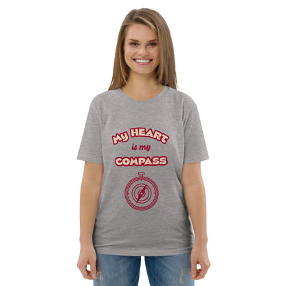 Heather grey women’s organic cotton t-shirt with red ‘My Heart is My Compass’ print — minimalist and meaningful eco fashion