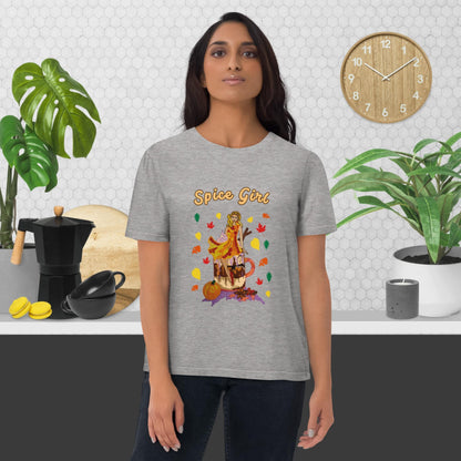 Woman wearing a gray t-shirt with a colorful pumpkin spice latte design and the text 'Spice Girl' in a kitchen setting.