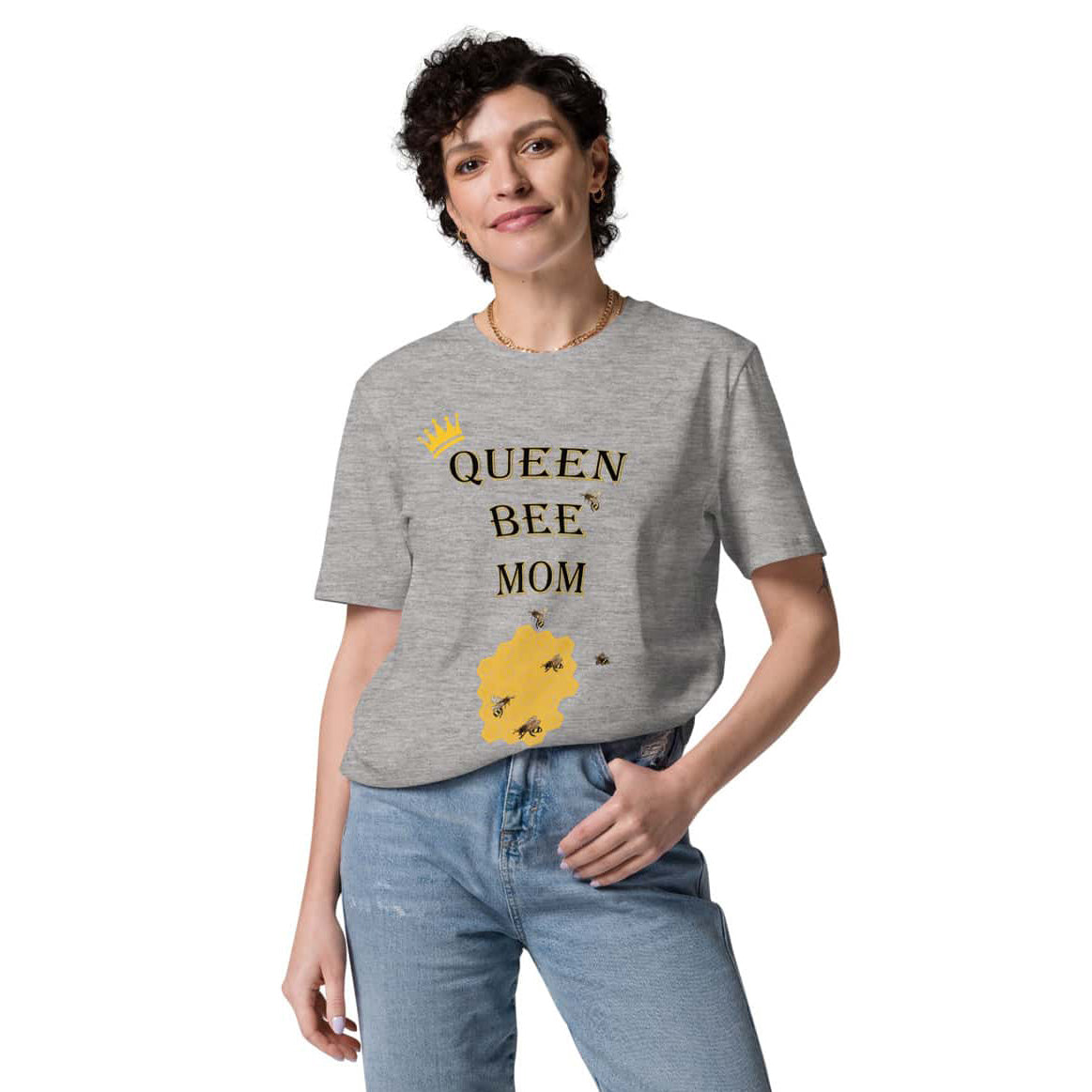Woman wearing Queen Bee Mom t-shirt tucked into jeans, front view, in heather grey, casual and stylish look.