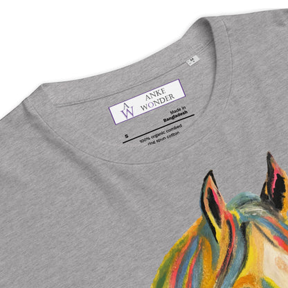 Close-up of a heather gray t-shirt showing the inner neck label with 'ANKE WONDER' and a colorful painted horse graphic on the right side.