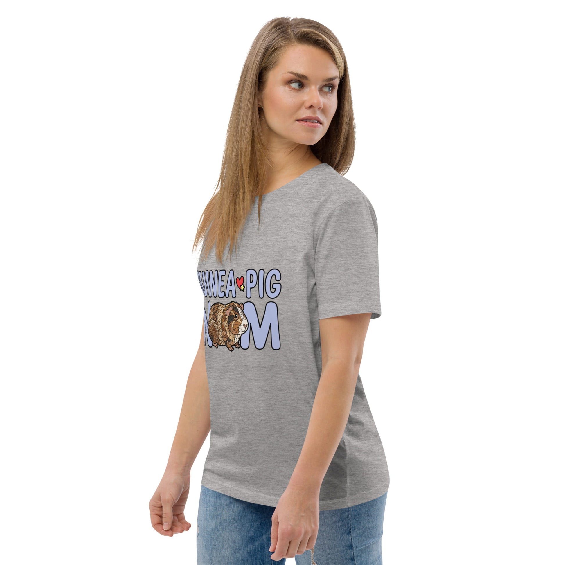 Woman wearing a gray t-shirt with 'Guinea Pig Mom' design on a white background