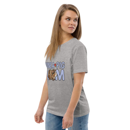 Woman wearing a gray t-shirt with 'Guinea Pig Mom' design on a white background