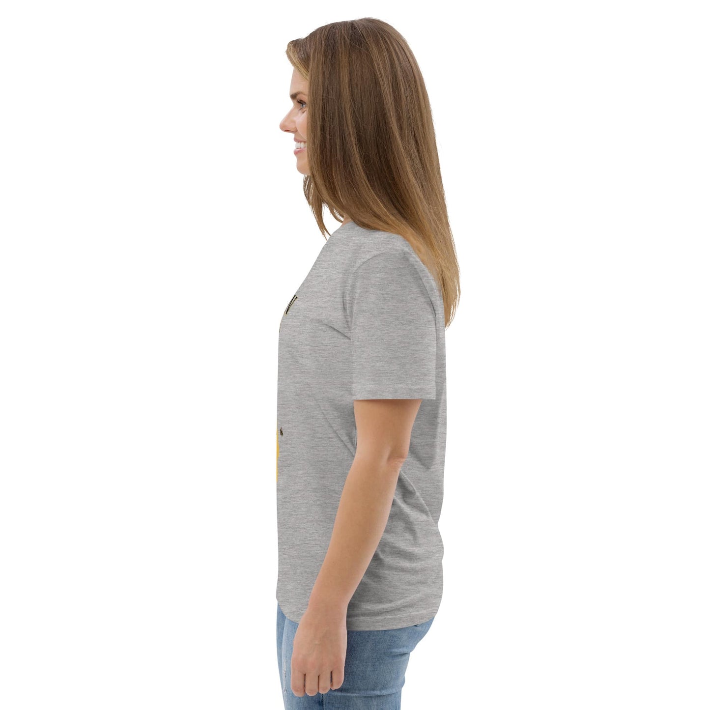 Side view of a woman wearing a heather grey Queen Bee Mom organic cotton t-shirt, showcasing the relaxed fit and soft texture.