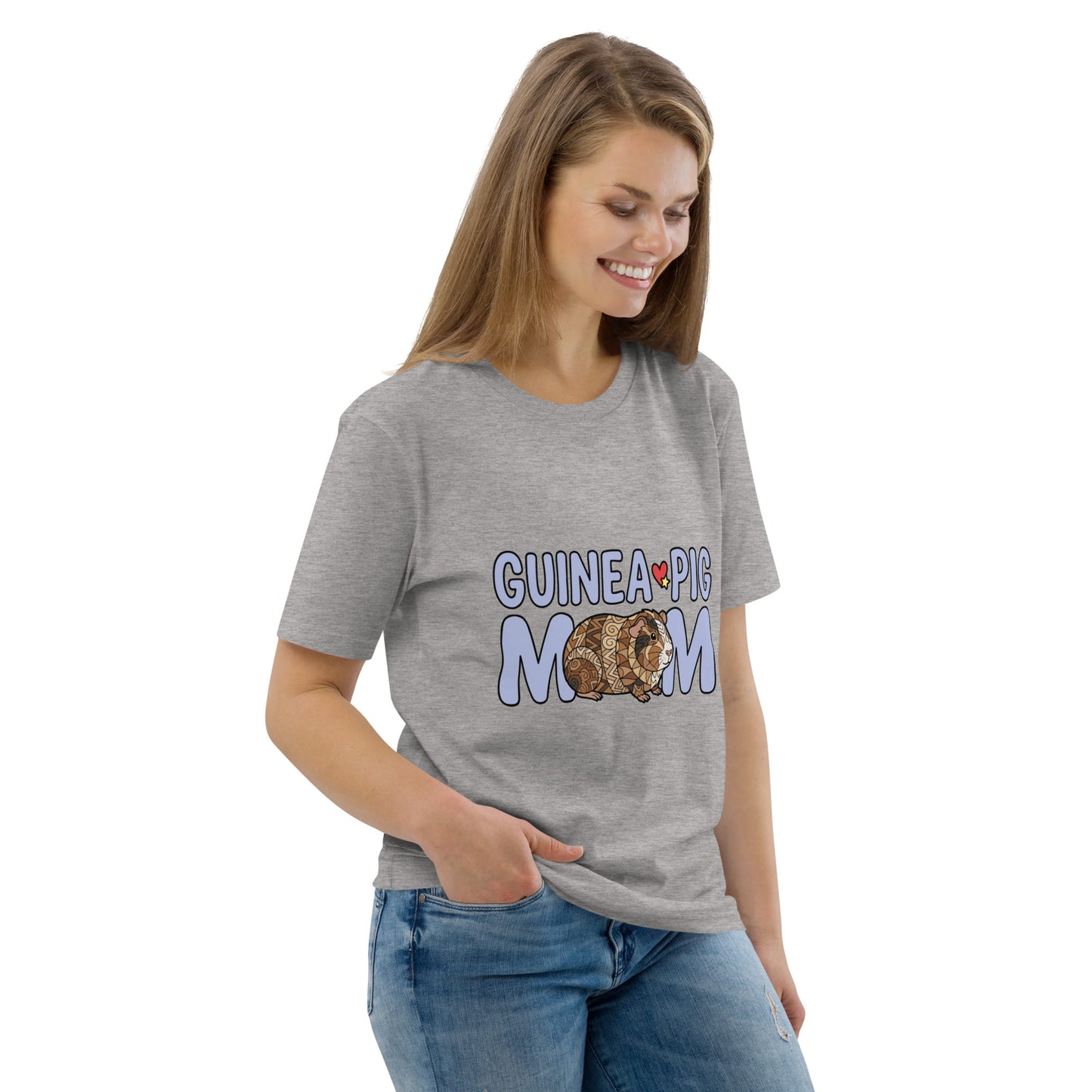 Woman wearing a gray t-shirt with 'Guinea Pig Mom' text and graphic on a white background