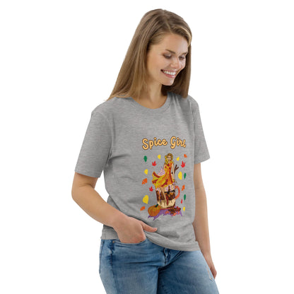 Woman wearing a gray t-shirt with a pumpkin spice latte design and the text 'Spice Girl' on a white background