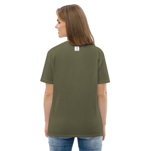 Back view of a woman wearing a green khaki organic cotton t-shirt, showcasing the plain back and comfortable fit.