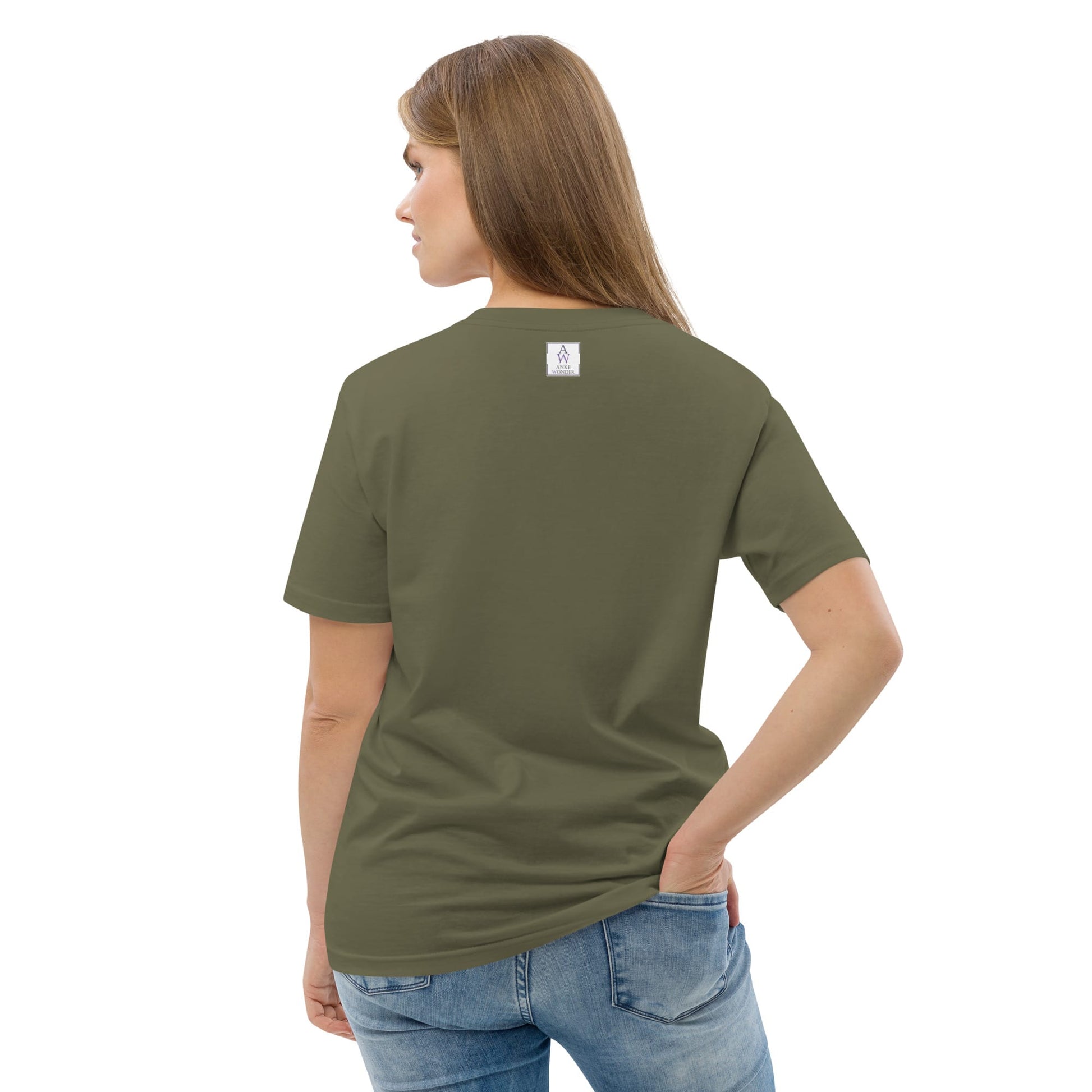 Back view of woman wearing an khaki green t-shirt with a small Anke Wonder logo on the back, standing against a white background.
