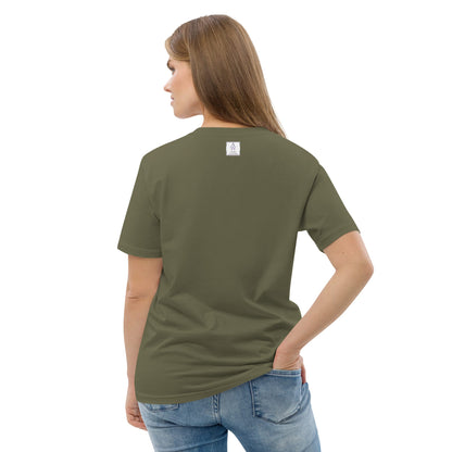 Back view of woman wearing an khaki green t-shirt with a small Anke Wonder logo on the back, standing against a white background.