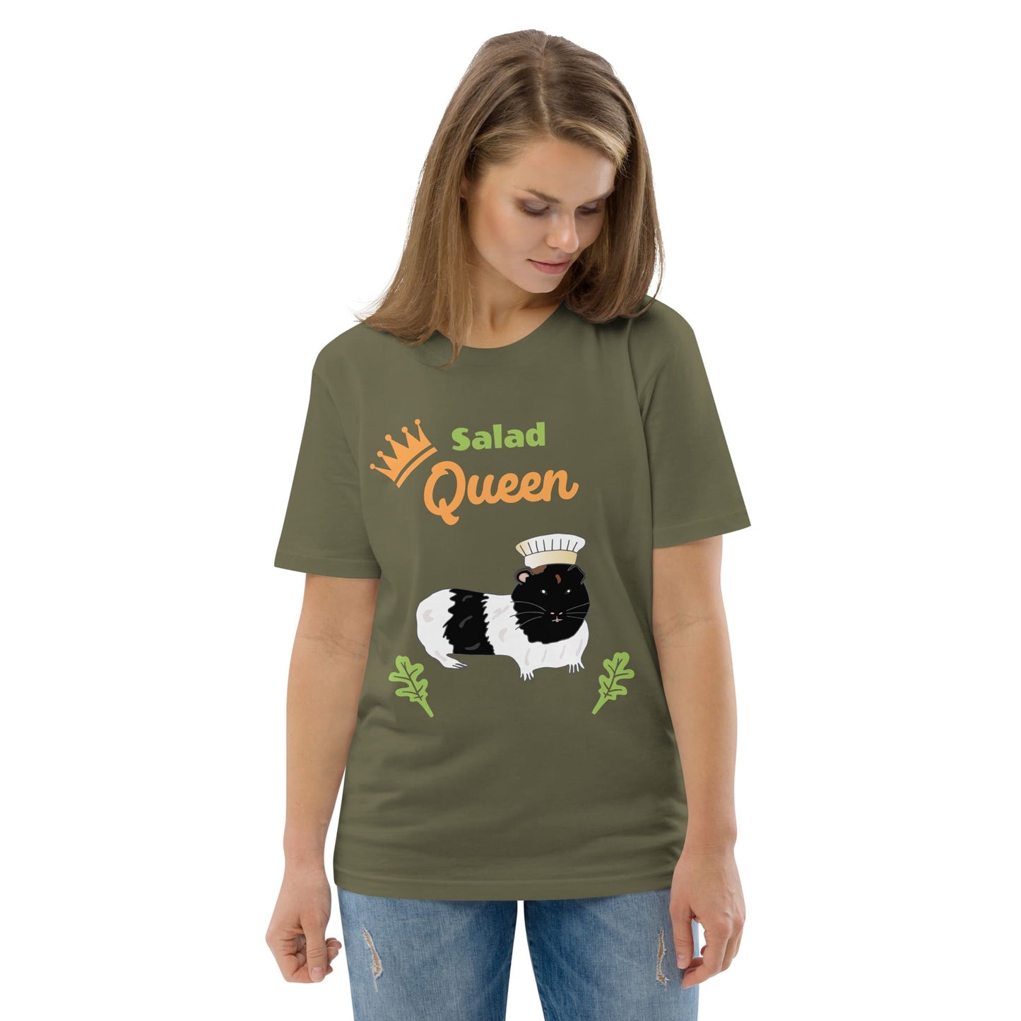Women's Salad Queen t-shirt in khaki, displaying the guinea pig chef design with the words 'Salad Queen'.