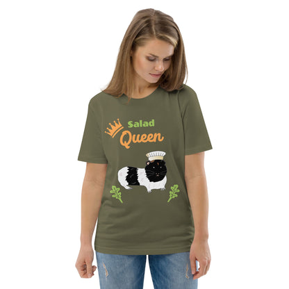 Women's Salad Queen t-shirt in khaki, displaying the guinea pig chef design with the words 'Salad Queen'.