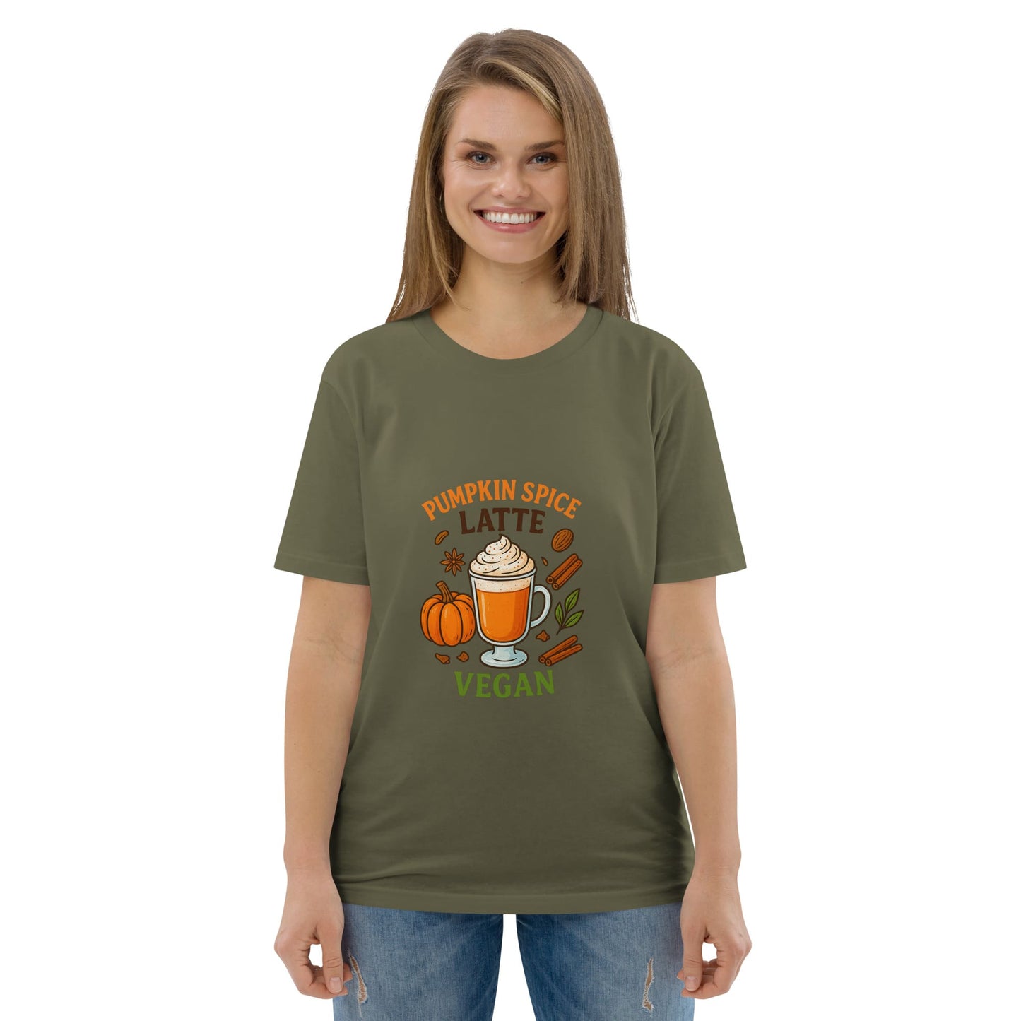 Woman wearing a green t-shirt with pumpkin spice latte design on a white background