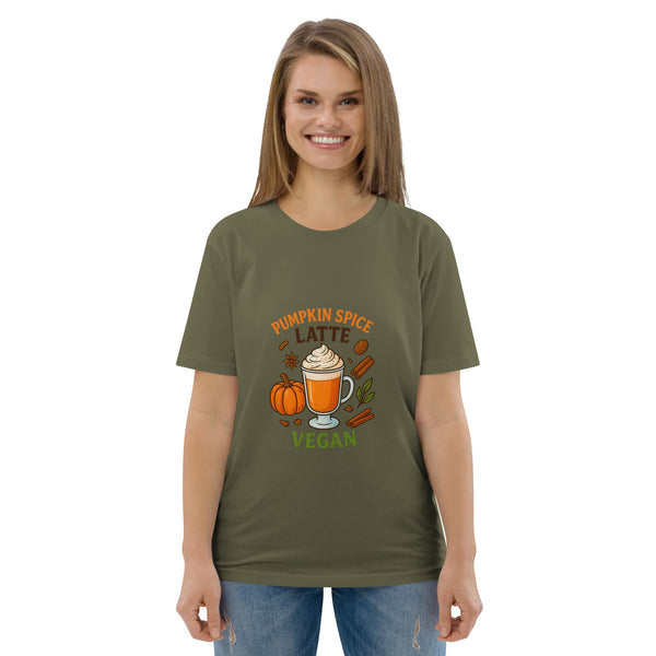 Woman wearing a green t-shirt with pumpkin spice latte design on a white background