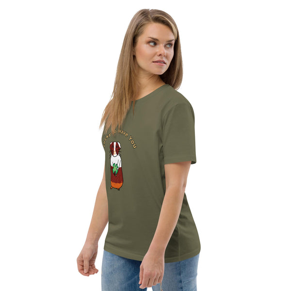 Side view of a woman wearing a green khaki organic cotton t-shirt, showing the guinea pig and shamrock design with "Lucky to Have You" text above.