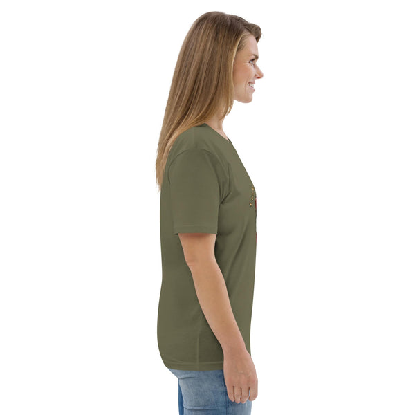 Side profile of a woman wearing a green khaki organic cotton t-shirt, highlighting the relaxed fit and soft fabric.