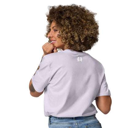 Back view of a women’s organic cotton t-shirt in lavender showing minimalist clean finish, feminine fit and the Anke Wonder branding.