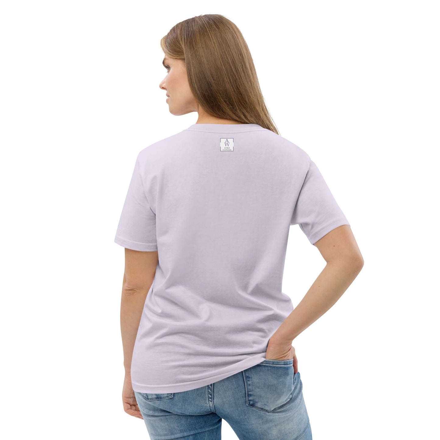 Back of women's organic cotton t-shirt in lavender— simple, clean design with sustainable stitching and breathable fabric by Anke Wonder.