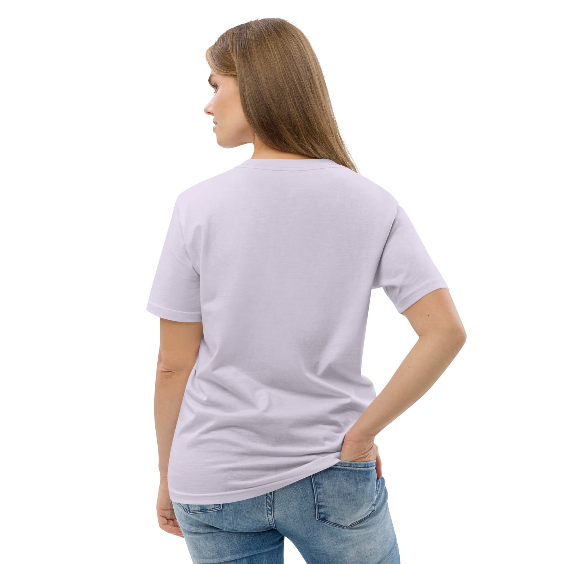 Back view of a woman wearing a purple t-shirt and jeans on a white background
