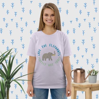 Woman in lavender organic cotton tee featuring a cute elephant illustration and “Save the Elephants – Protect Not Poach”; clean front view.