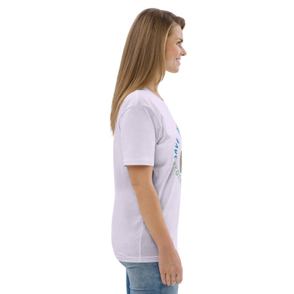 Woman shown from the side wearing the “Save the Elephants – Protect Not Poach” organic cotton t-shirt in lavender; eco-conscious style, comfortable fit.