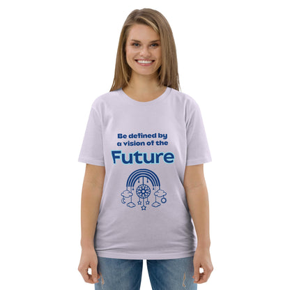 Woman wearing an organic cotton t-shirt in lavender with “Be defined by a vision of the Future” design featuring a dream catcher with rainbow, stars, and clouds.