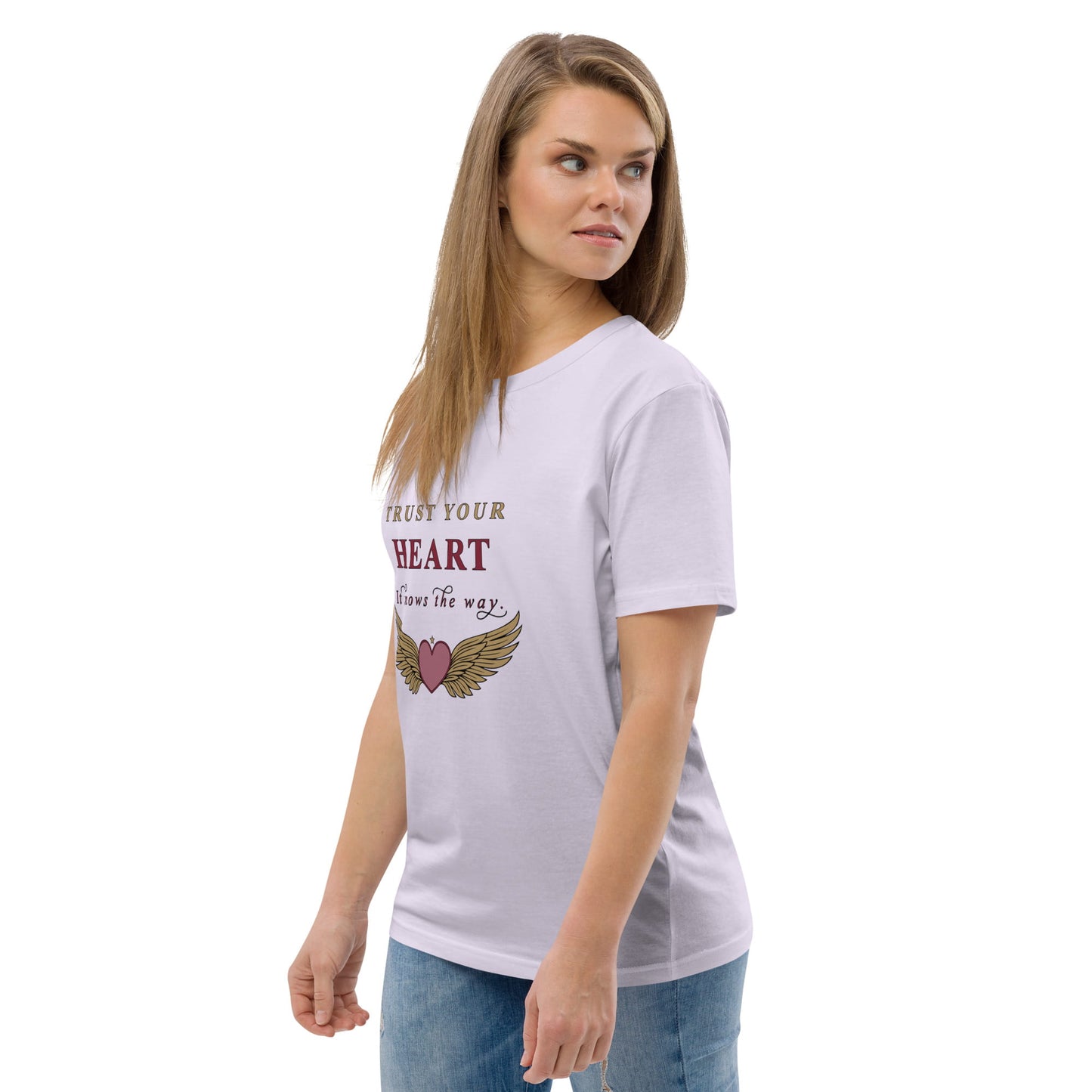 Woman wearing a lavender t-shirt with a motivational quote and heart design on a white background