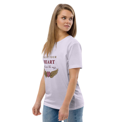 Woman wearing a lavender t-shirt with a motivational quote and heart design on a white background