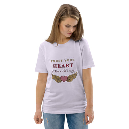 Woman wearing a lavender t-shirt with a motivational quote and heart design on a white background