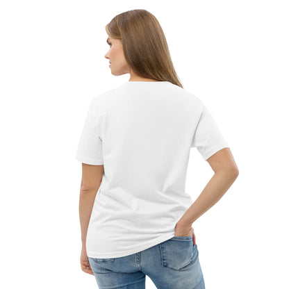 Back view of woman wearing a plain white t-shirt and blue jeans on a white background