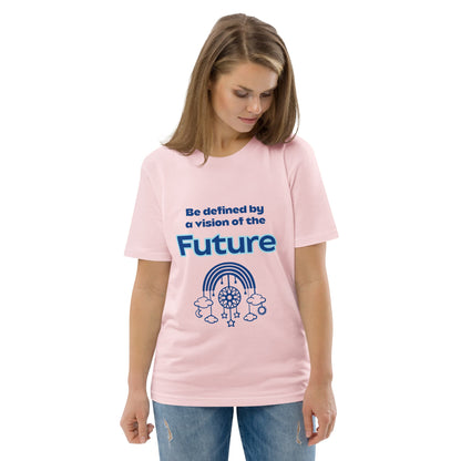 Woman wearing an organic cotton t-shirt in pink with “Be defined by a vision of the Future” design featuring a dream catcher with rainbow, stars, and clouds.